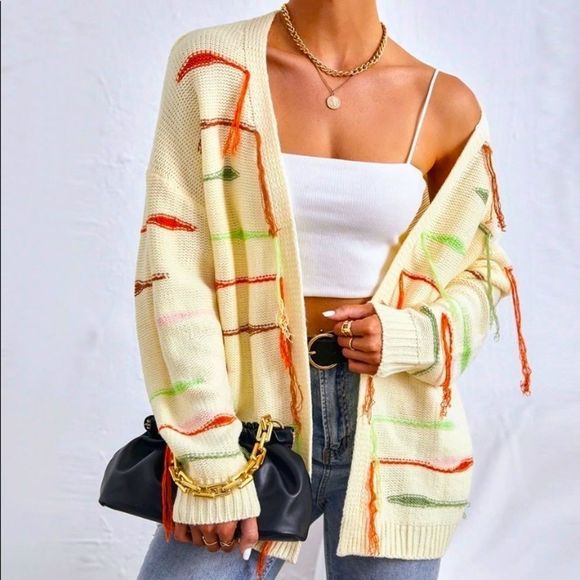 NWT! STRIPED PATTERN FRINGE DROP SHOULDER OPEN FRONT CARDIGAN IN CREAM! - Picture 11 of 12
